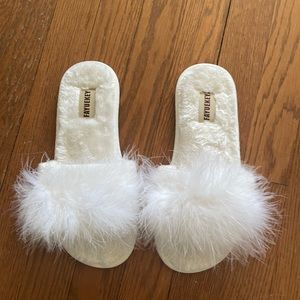 White fluffy furry house slippers